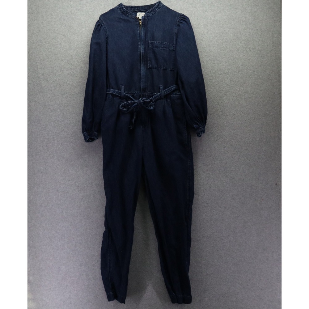 J Crew Jumpsuit Womens 2 Denim Belted Zipper Front Casual Dark Blue Long Sleeve